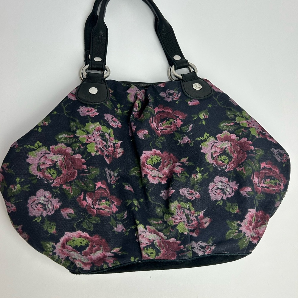 Vintage LUCKY Hobo Floral Cotton Black Tote Bag Leather Trim and Straps - Picture 6 of 12